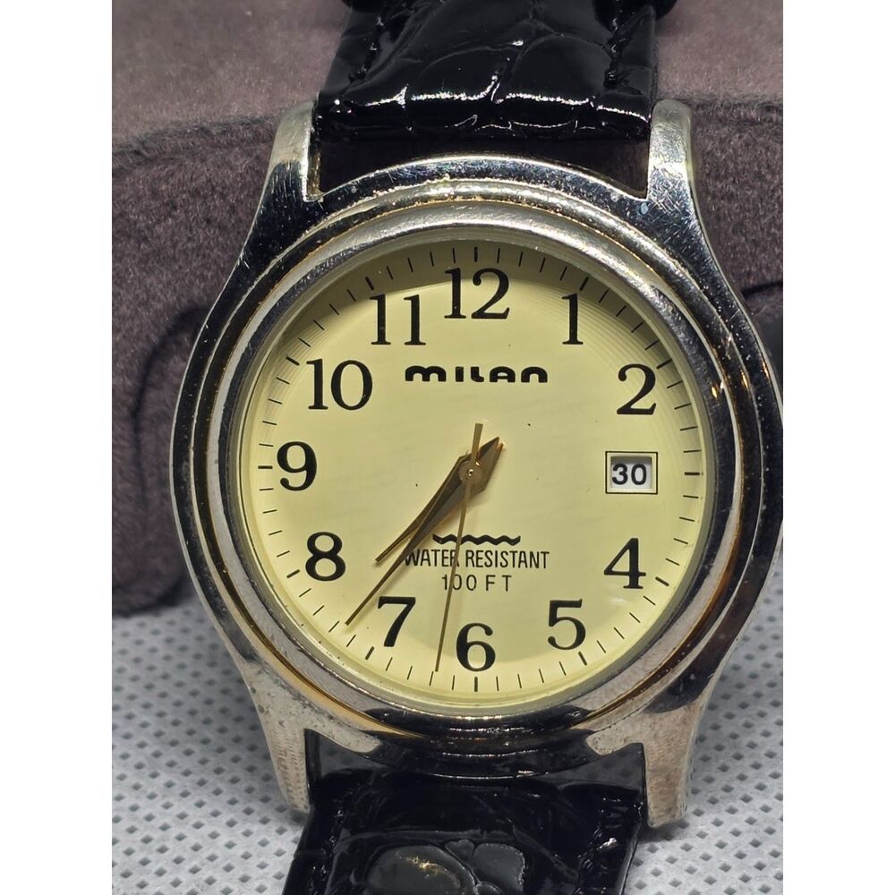 Milan MLN787 Men's Quartz Watch - Cream Dial, Black Leather Strap